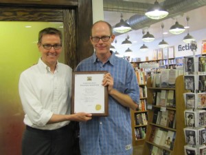 Jim Gray stopped by to award Hap Houlihan and Morris books the official LPM proclamation.