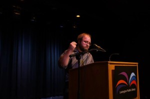 Bronson reads at the Lexington Poetry Month gathering at the end of June 2013. 